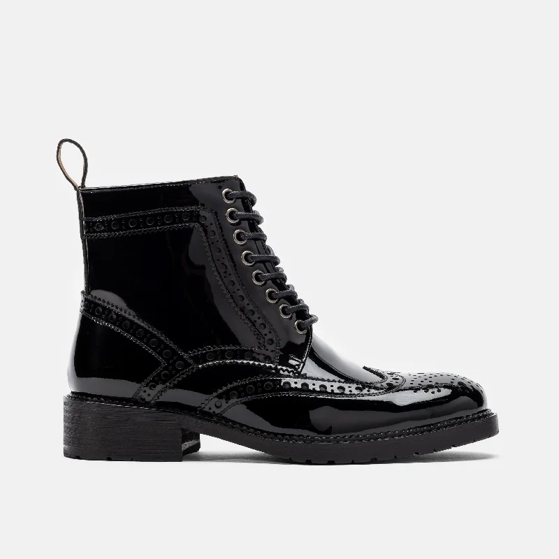 Comfortable Casual Shoes Ms. Belmont Black Patent Leather Wingtip Combat Boots