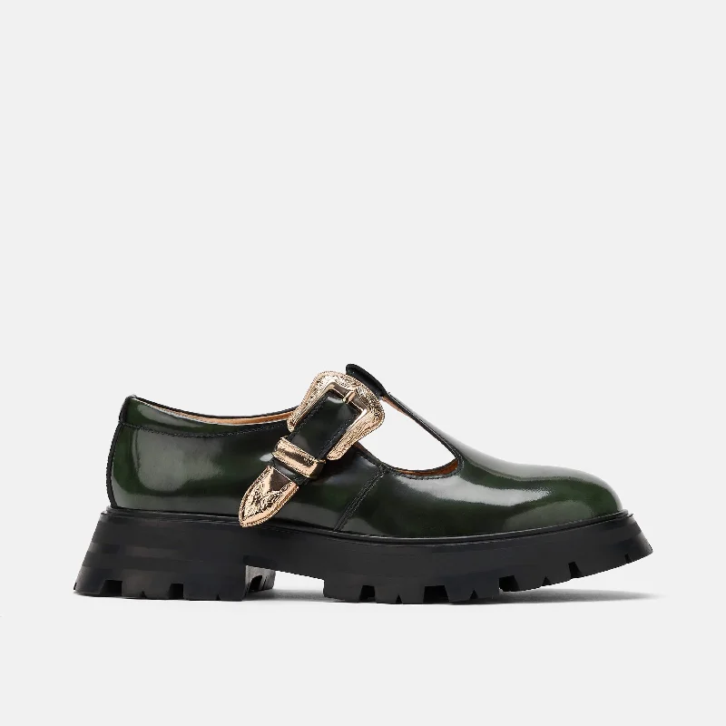 Non-Slip Shoes Charli Dark Green Patent Leather Lug Mary Janes