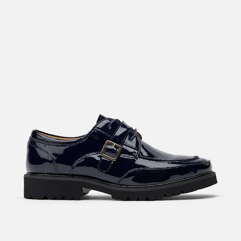 Comfortable Stretchy Shoes Ms. Atlas Navy Patent Leather Lug Derby