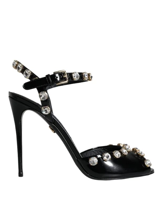 Trendy Women's Wear Collection Dolce & Gabbana  Leather Crystal Ankle Strap Sandals Women's Shoes