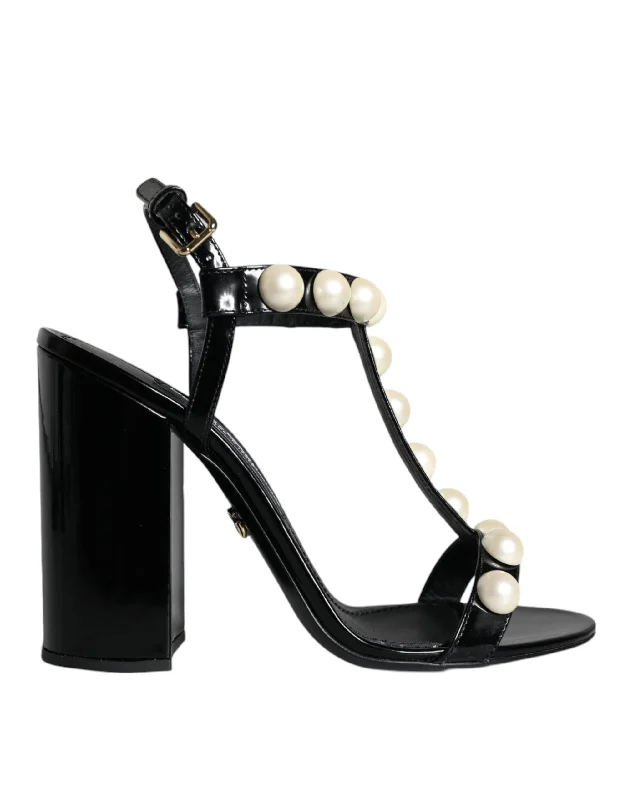 Sale Clearance Dolce & Gabbana  Leather Pearls T-strap Sandals Women's Shoes