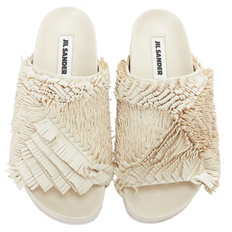 Fashionable Casual Footwear Offers Jil Sander beige leather fringe platform slides sandals