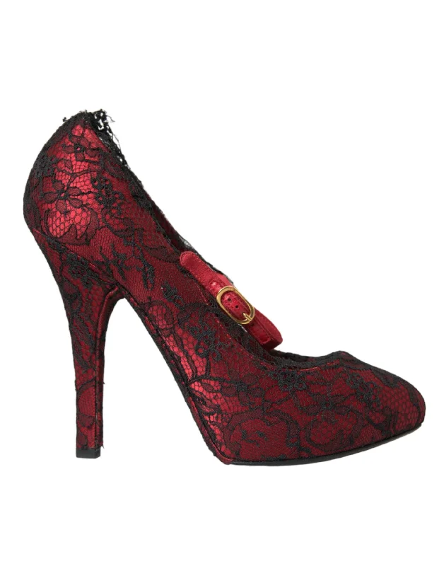 Casual Yet Chic Sales Dolce & Gabbana Red Black Floral Lace Mary Jane Pumps Women's Shoes