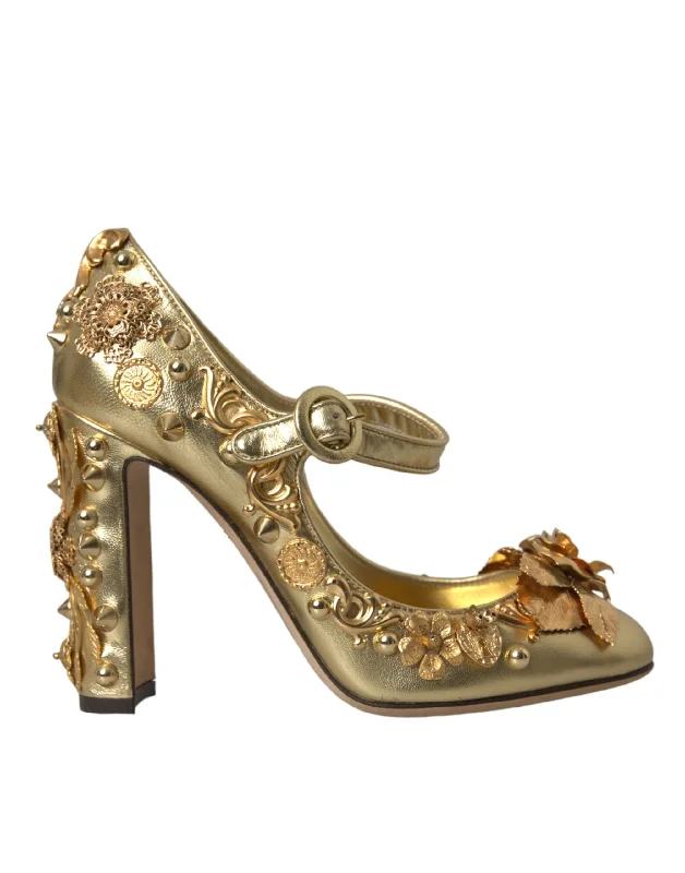 Refined Fashion Sale Dolce & Gabbana Gold Leather Crystal Mary Janes Pumps Women's Shoes