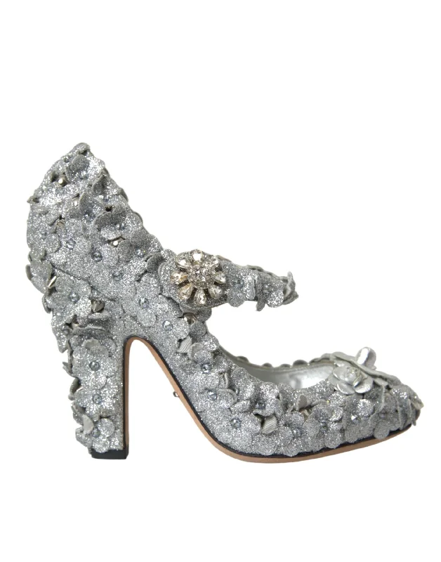 Quick Grab Deals Dolce & Gabbana Silver Floral Crystal Mary Jane Pumps Women's Shoes