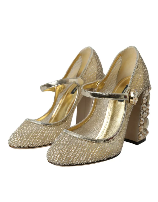 Romantic Chic Deals Dolce & Gabbana Gold Mesh Crystal Mary Jane Pumps Heels Women's Shoes