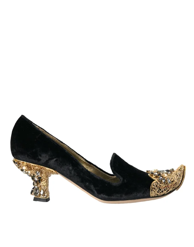 Polished Style Deals Dolce & Gabbana Black Velvet Embellished Heels Pumps Women's Shoes