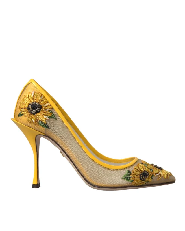 Vintage-Inspired Shoes Deal Dolce & Gabbana  Sunflower Pumps Yellow Mesh Leather Heels